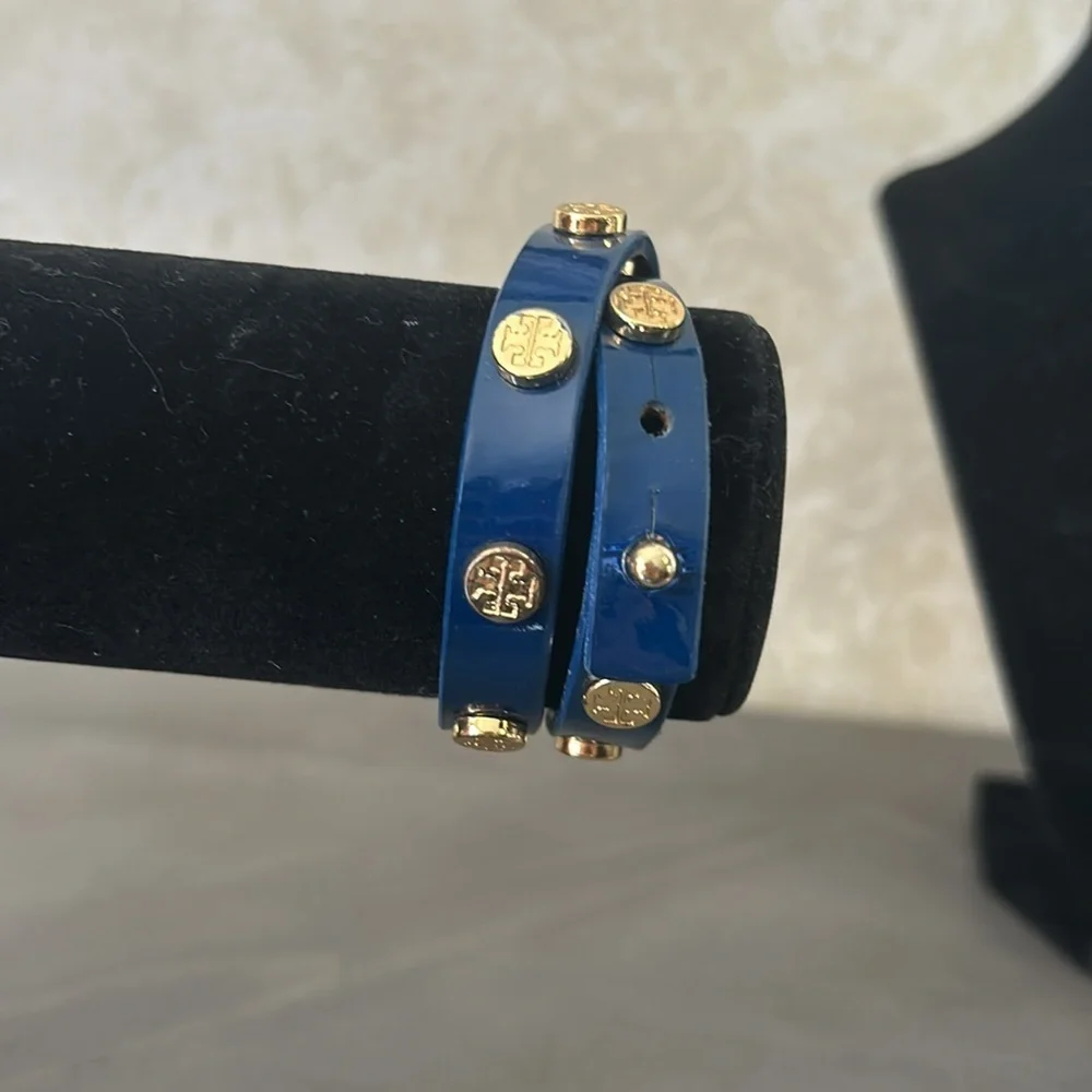 NEW Tory Burch Patent Leather Sunflower Double Wrap Bracelet Navy